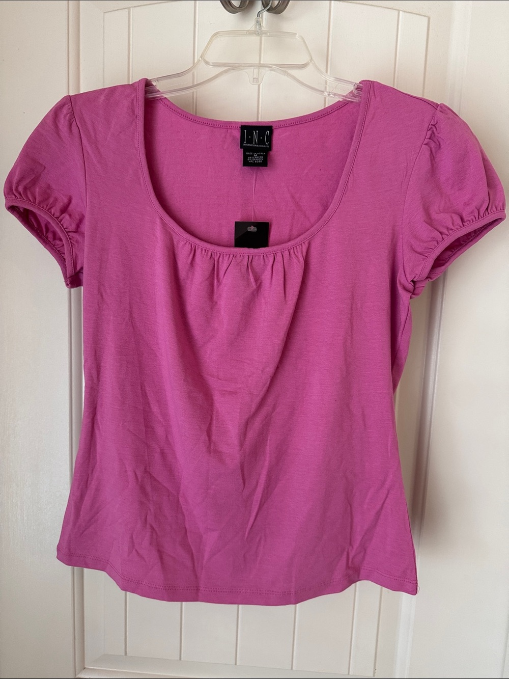 INC International Concepts Bright Pink Scoop-Neck Puff Sleeve Top